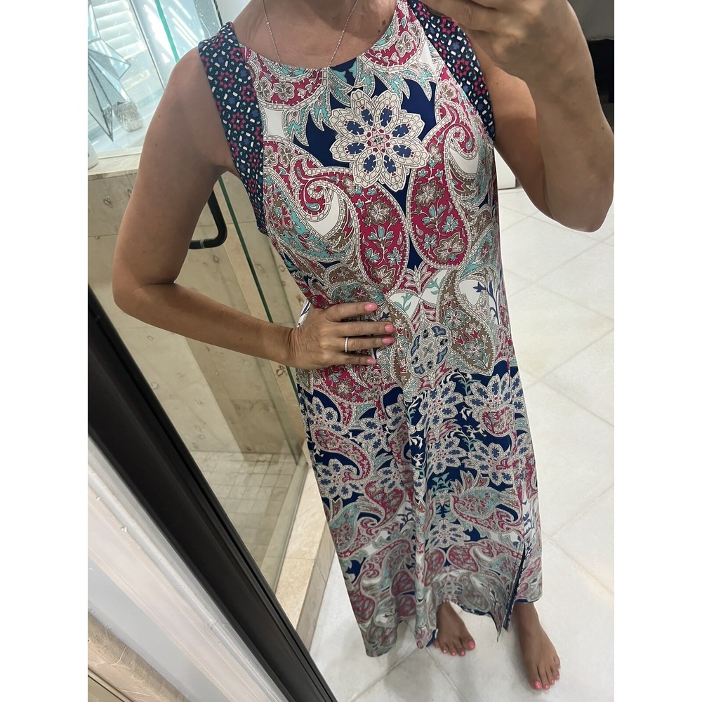 Chicos Blue White Paisley Print Jersey Maxi Dress Slit 3P 16 18 Petite NWT